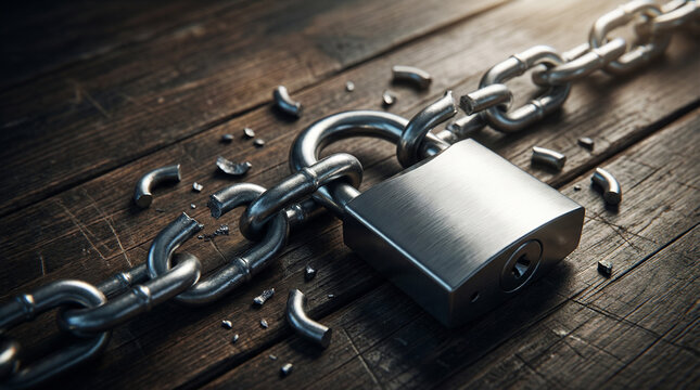 Broken Padlock and Chain Security Breach Concept with Cyber Attack and Data Protection Failure