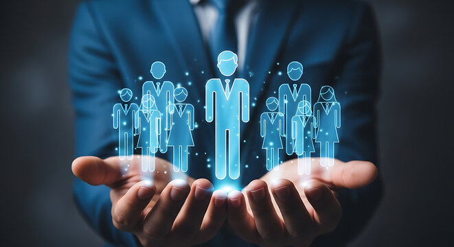 Hands presenting illuminated digital human icons, symbolizing comprehensive human resources management, talent acquisition, leadership, and team building within a connected business network