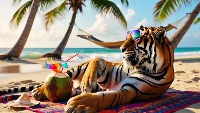 Massive Bengal Tiger Sprawled on White Sand with Mirrored Sunglasses and a Tiny Umbrella Coconut Drink - 8K Detail