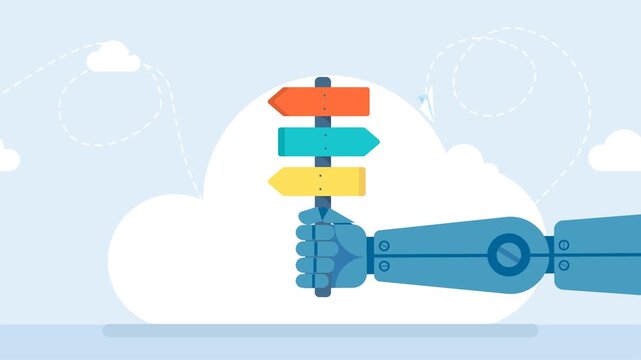 Find right solution. Bot with AI give decision, choose alternative pathway, choice, deciding. Robot hand hold road sign with arrows or ways of development. Machine learning. 2d flat animation