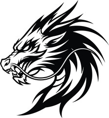 Fototapeta premium A black and white illustration of a fierce dragon's head in profile view with sharp teeth and spiky mane