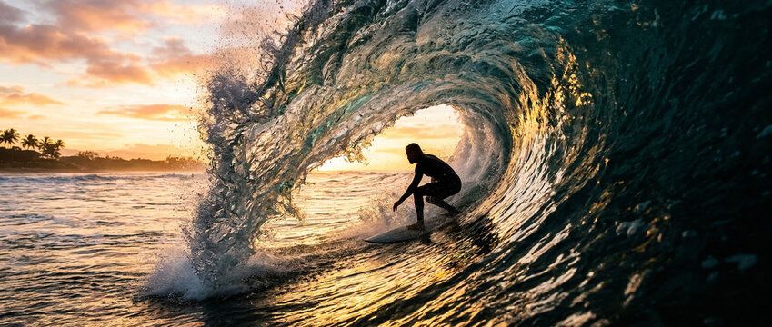 Surfer riding inside a powerful ocean wave at sunset