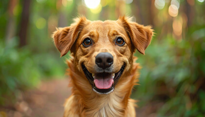 Obraz premium Portrait of happy dog, cute pet, domestic animal, creature, soft blurred natural forest background, brown fur.