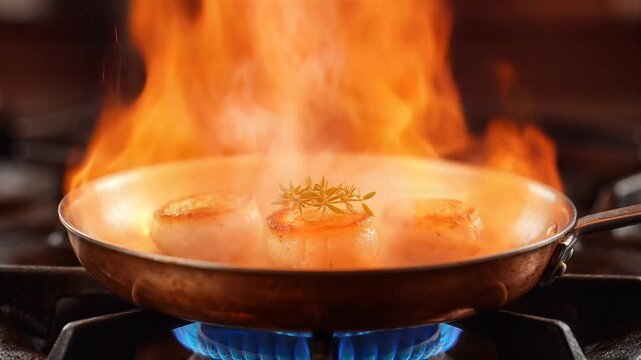 Delicious scallops searing in a hot pan with herbs and flames.