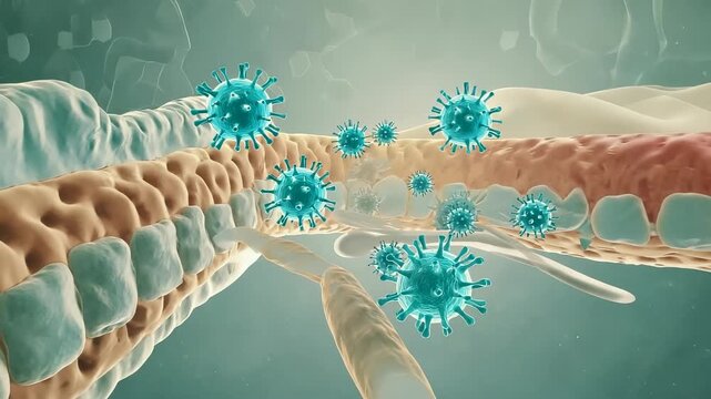 Immune cells surrounding pathogens and isolating them in coordinated response inside microscopic biological environment. Cellular defense concept