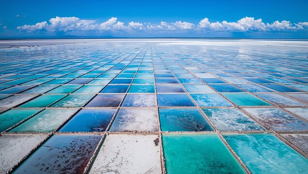 Stretching patterned salt evaporation ponds reflecting aqua water on salt flats with crusted berms