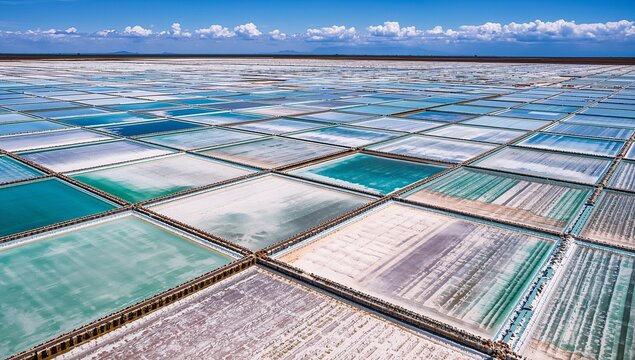Showing salt ponds forming geometric grid from aerial view over salt flat with berms crusts tracks