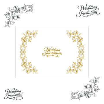 Vintage hand drawn wedding invitation ornamental frame with baroque floral scrolls, decorative border and elegant lettering composition. Classic luxury design for cards, labels, posters and print.