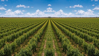 Fototapeta premium Rows of cultivated plants converging toward horizon on farmland, with dirt paths and clump of trees