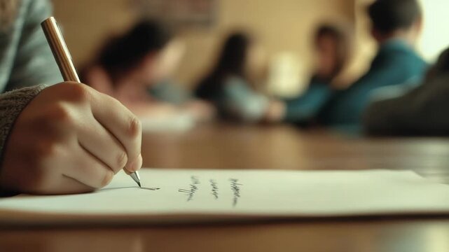 Close up of a pupil's hand carefully writing cursive letters in a notebook during class. With blurred images of other students and the teacher in the background. Highlighting focus and concentration