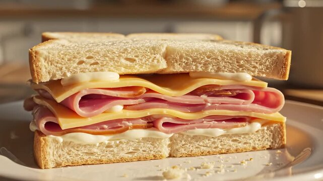 Sandwich with slices of bread, ham, cheese, and mayonnaise highlights sandwich as core, repeated through ham sandwich, cheese sandwich, and lunch sandwich for unhealthy food, snack menu