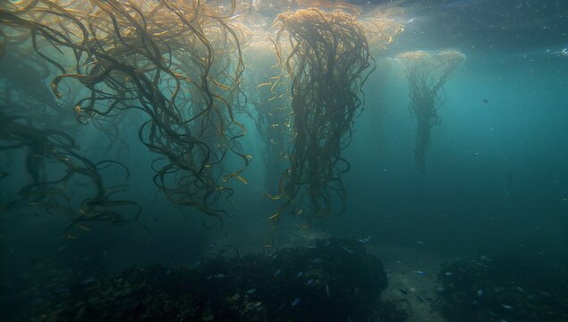 Swaying giant kelp columns rising toward sunlit surface in nearshore water, with holdfasts and fish