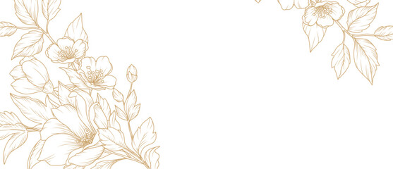 Obraz premium Spring floral line art background with golden hand drawn flowers. Vector design with a bouquet of flowers, branches, leaves for card, business card, flyer, banner, wedding invitation, cover, wallpaper