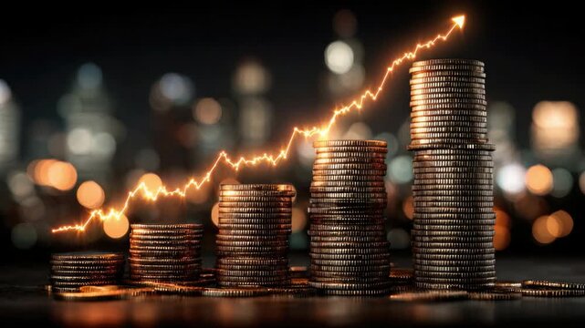 Financial Ascendance: A rising financial graph superimposed over a series of stacked coins, symbolizing economic growth, investment, and prosperity.