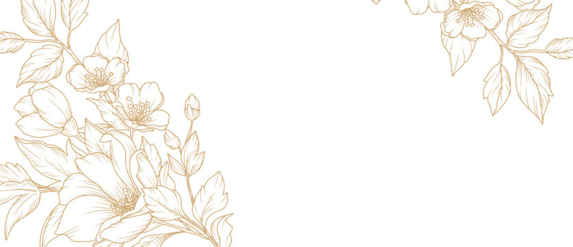 Spring floral line art background with golden hand drawn flowers. Vector design with a bouquet of flowers, branches, leaves for card, business card, flyer, banner, wedding invitation, cover, wallpaper