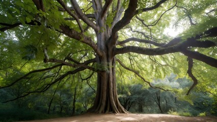 Obraz premium Massive tree with wide spreading branches in woodland clearing