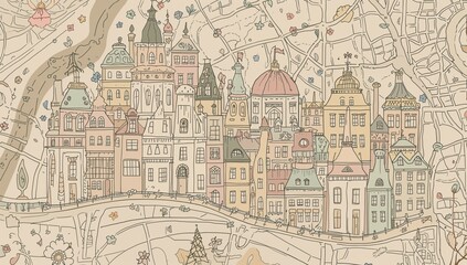 Obraz premium Depicting cluster of ornate historic buildings lining curved bridge on decorative map, with river