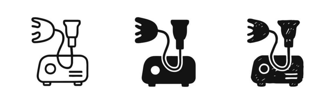 Nebulizer icon set with outline, solid, and hand-drawn styles. Medical inhaler device symbol for respiratory treatment.