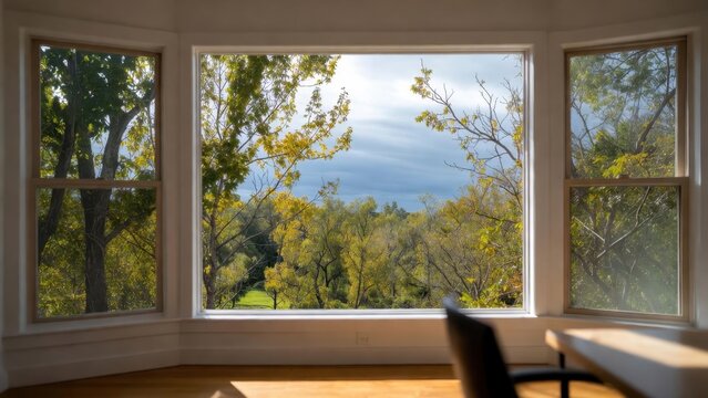 Bay window framing autumn trees outside quiet interior space
