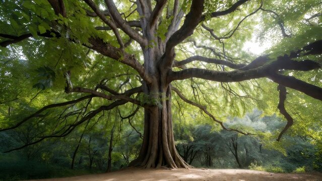 Massive tree with wide spreading branches in woodland clearing