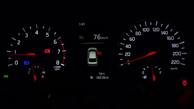 Car Dashboard Instrument Cluster Close-Up at Night, Illuminated Speedometer, Tachometer and Fuel Economy Display, Modern Vehicle Driving Interface, Automotive Technology 4K Footage
