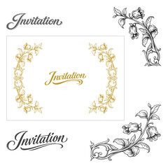 Obraz premium Vintage invitation lettering with floral corner frame. Elegant script text and ornate botanical border composition. Classic decorative wedding design for cards, stationery, posters and luxury branding