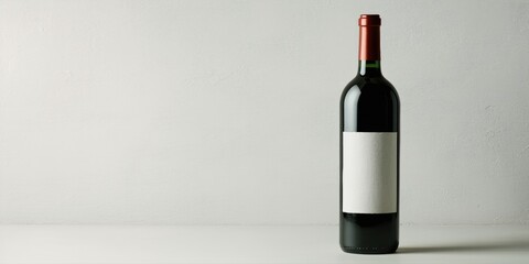 Naklejka premium Wine bottle stands on surface. Dark liquid visible through glass. Blank label suggests customization possibilities. Minimalist studio shot.