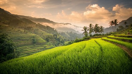 Obraz premium Showcasing front terraced rice field curving along hillside at sunset, with palm trees and mist