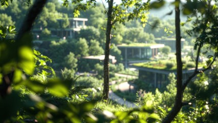Fototapeta premium Modern pavilion structures viewed through leafy foreground