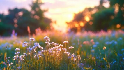 Fototapeta premium Wildflower stems glowing in golden light across summer meadow