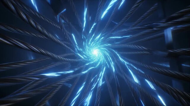 A vibrant blue light radiates outward in dynamic streaks through a dark environment from a central glowing point.