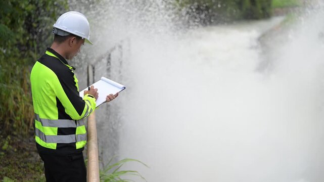 Hydraulic engineers monitor a massive dam water release via spillway gates. Focus on irrigation management, hydroelectric power safety, and flood control infrastructure by technical experts.