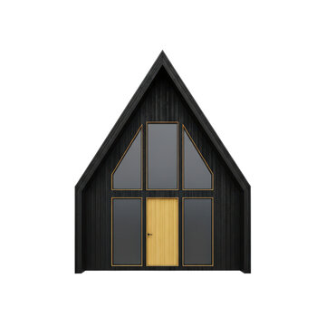 Modern Aframe house with black siding and a bright yellow door