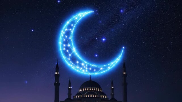 Glowing crescent moon over mosque silhouette during night