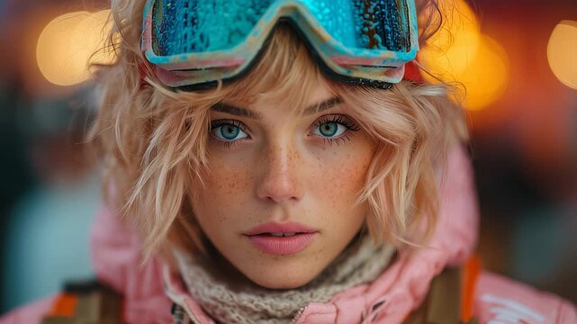 Freckled young woman in pink winter jacket