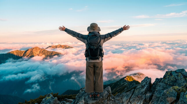 Rear view of a female hiker with arms raised in triumph on a mountain peak overlooking a spectacular sea of clouds at sunrise.