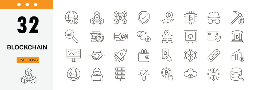 Blockchain icons set showing digital ledger, crypto network, data security, decentralization and modern financial technology. Editable Stroke.