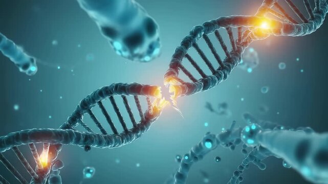 DNA strand reconnecting as broken ends align and repair sequence in microscopic environment representing genetic correction. Gene therapy concept