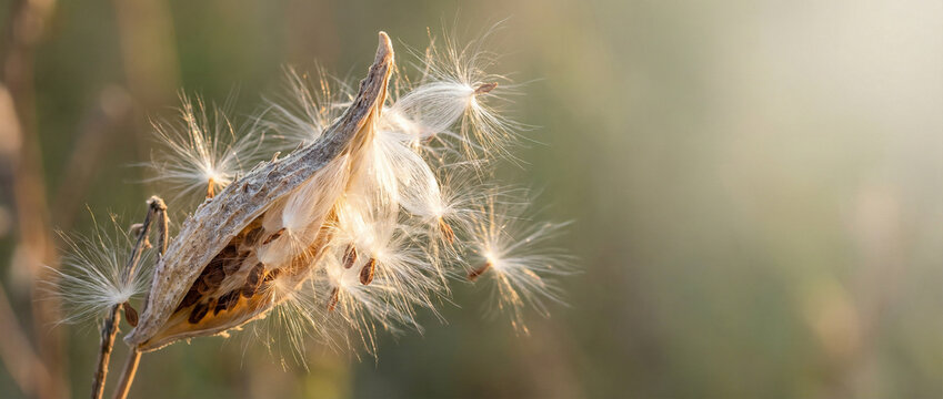 Milkweed pod with silky seeds glowing in golden light