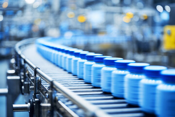 Obraz premium In a canned food factory, blue jars move along a conveyor belt as they are processed. Workers monitor the line to ensure jars are filled and sealed correctly