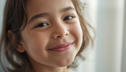 Fototapeta premium Smiling child girl posing near window at home, wearing light-colored top with sheer curtains