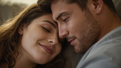 Obraz premium Resting couple leaning heads together on sofa in living room, wearing gray shirt and neutral top