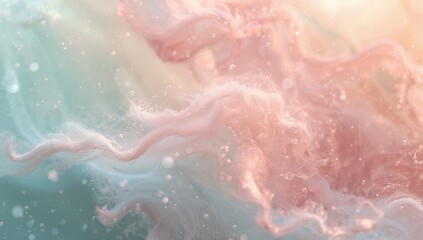Obraz premium Drifting pastel filament cloud undulating in studio macro close-up, with microdroplets and bokeh