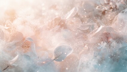 Fototapeta premium Displaying pale flower petals with small bluish leaves resting on soft mist, sparkling droplets