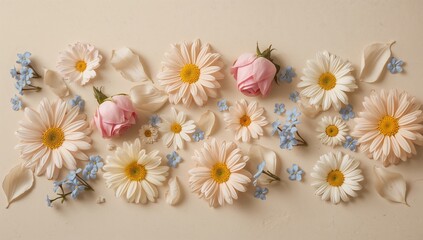 Obraz premium Laying flatlay of cream daisies, pink rosebuds, blue blooms and loose petals on beige backdrop