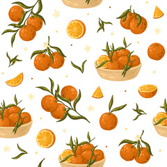 Obraz premium Seamless Orange pattern. Citrus slices and leaves. Summer food background. Vector.