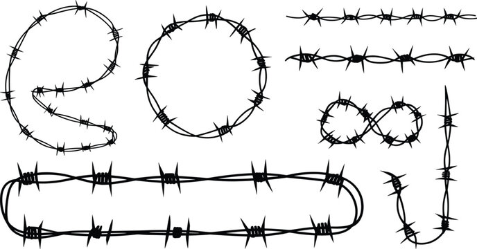 Barbed wire shapes set including circles, lines and loops, security fence elements silhouettes isolated on white background, sharp metal barrier design for border and protection concept