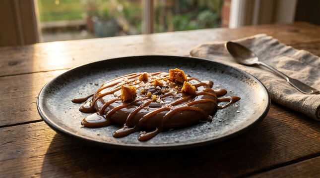 Decadent chocolate dessert drizzled generously with golden caramel sauce and topped with crunchy pieces, ready to be savored.