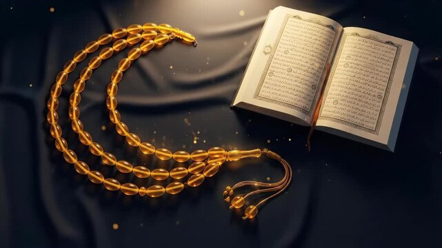 Religious symbols and open book with golden beads for spiritual concept