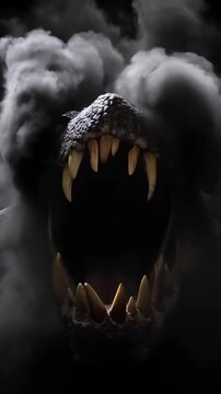 Terrifying monster's mouth with sharp fangs emerging from dark smoke, slowly opening wide to reveal a menacing roar, horror concept.